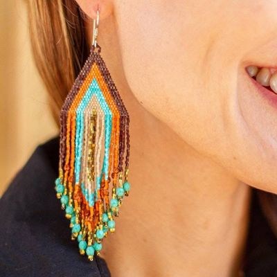 Alternate image for Huichol Beadwork Peach-Aqua-Tangerine Waterfall Earrings Peach and Aqua Waterfall