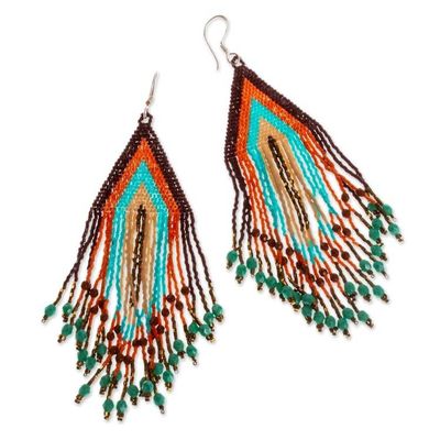 Alternate image for Huichol Beadwork Peach-Aqua-Tangerine Waterfall Earrings Peach and Aqua Waterfall
