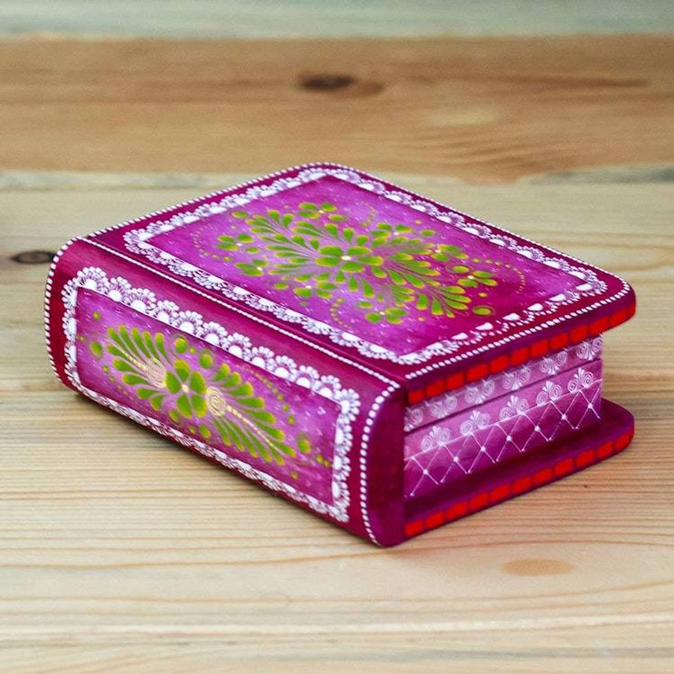 Hand-Painted Pink Floral Wood Decorative Box from Mexico 'Tricky Pink Book'