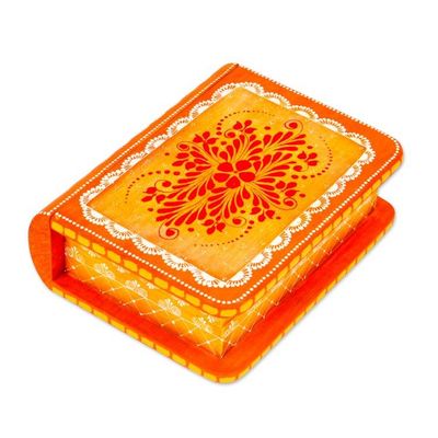 Alternate image for Hand-Painted Orange Floral Wood Decorative Box from Mexico Tricky Orange Book
