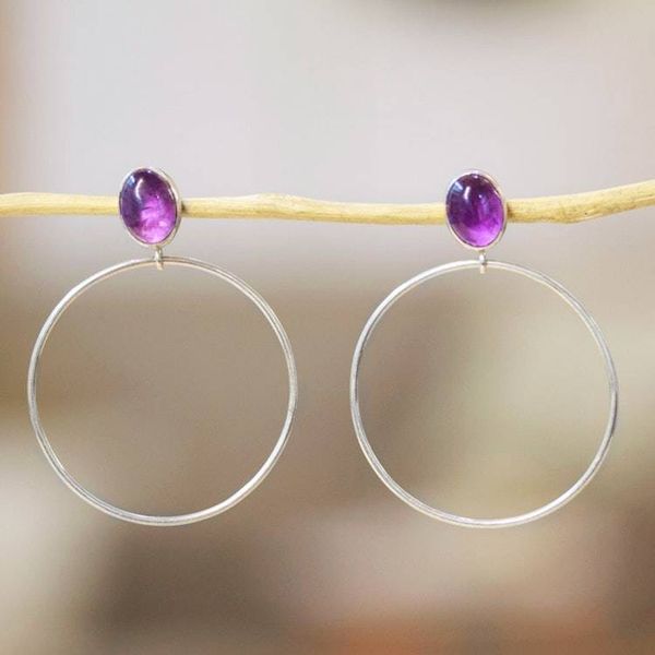 Alternate image for Round Sterling Silver and Natural Amethyst Dangle Earrings Sage Cycle