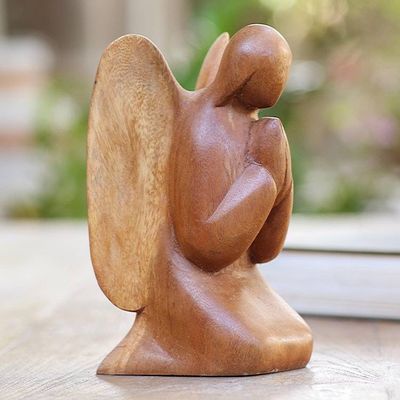 Alternate image for Praying Angel Suar Wood Hand Carved Statuette Angelic Prayer