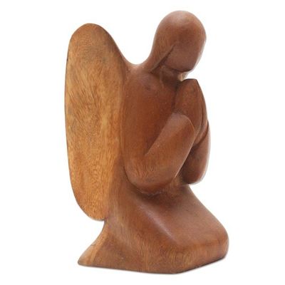 Alternate image for Praying Angel Suar Wood Hand Carved Statuette Angelic Prayer