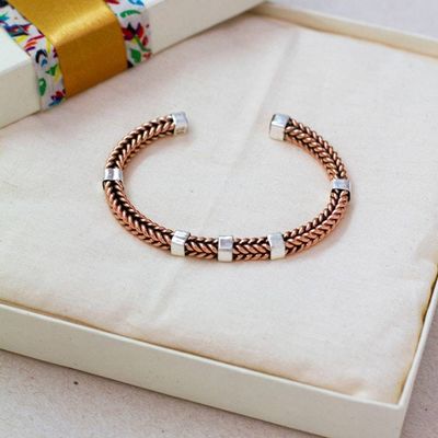 Alternate image for Textured Coper and Taxco Silver Braided Cuff Bracelet Contrasting Textures