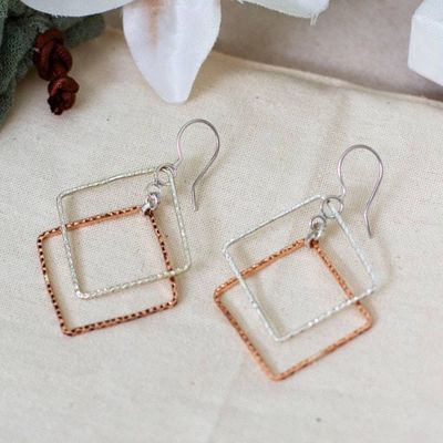 Alternate image for Taxco Silver and Copper Earrings with Double Triangle Design Triangle Duo