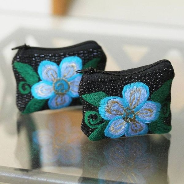 Alternate image for Floral Embroidered Cotton Coin Purses from Mexico Pair Summer Morning