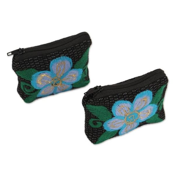 Alternate image for Floral Embroidered Cotton Coin Purses from Mexico Pair Summer Morning