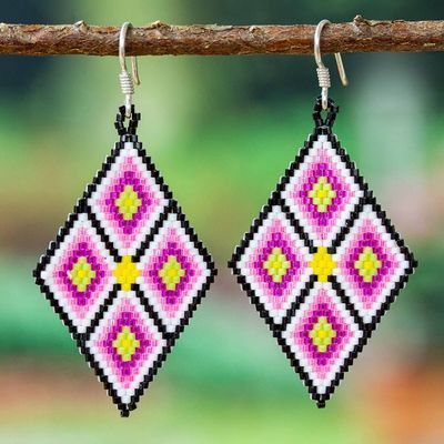 Alternate image for Handcrafted Geometric Glass Beaded Pink Dangle Earrings Pink Deity