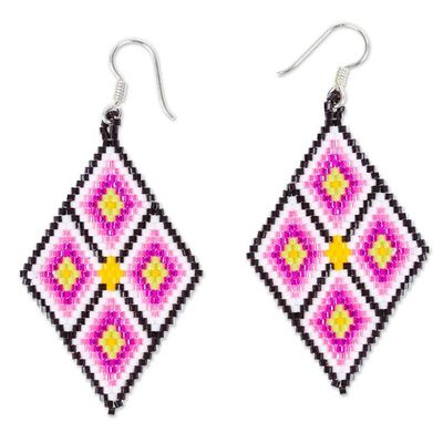 Alternate image for Handcrafted Geometric Glass Beaded Pink Dangle Earrings Pink Deity