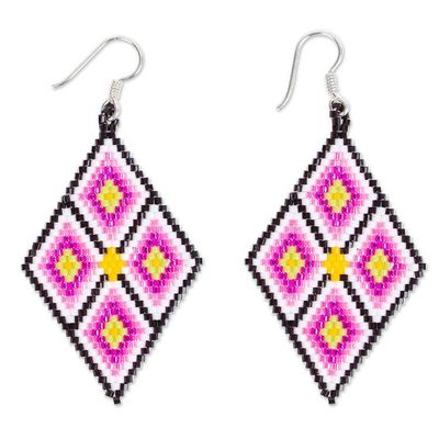 Alternate image for Handcrafted Geometric Glass Beaded Pink Dangle Earrings Pink Deity