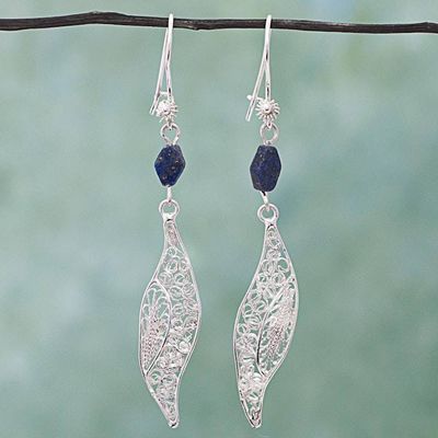Alternate image for Filigree Silver Lapis Lazuli Dangle Earrings from Mexico Aural Leaf in Blue