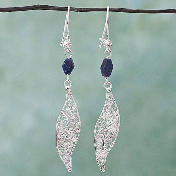 Alternate image for Filigree Silver Lapis Lazuli Dangle Earrings from Mexico Aural Leaf in Blue