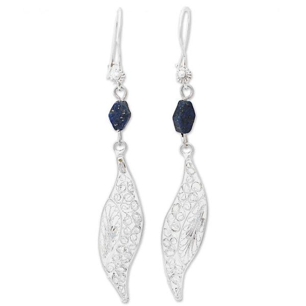 Alternate image for Filigree Silver Lapis Lazuli Dangle Earrings from Mexico Aural Leaf in Blue