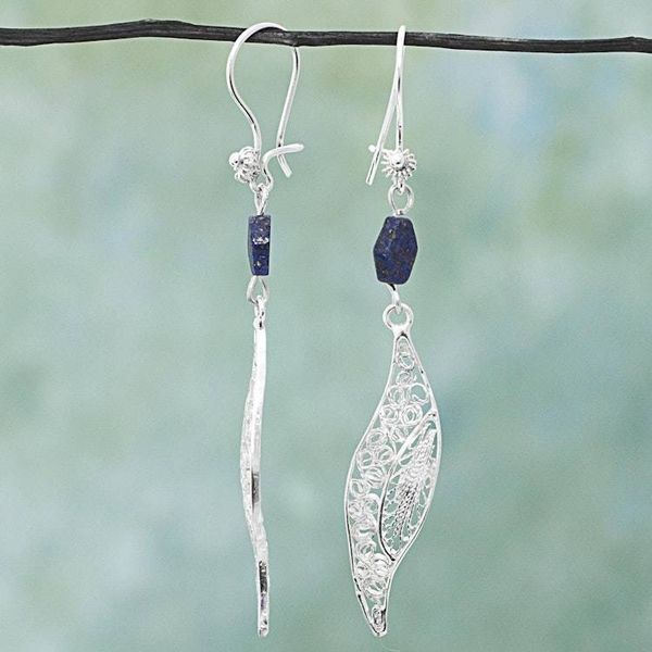 Alternate image for Filigree Silver Lapis Lazuli Dangle Earrings from Mexico Aural Leaf in Blue