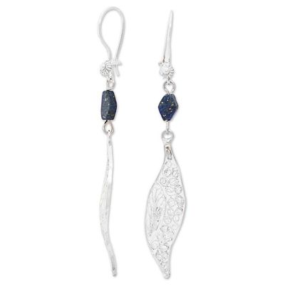 Alternate image for Filigree Silver Lapis Lazuli Dangle Earrings from Mexico Aural Leaf in Blue