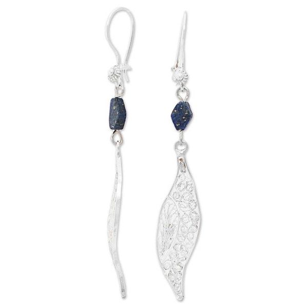 Alternate image for Filigree Silver Lapis Lazuli Dangle Earrings from Mexico Aural Leaf in Blue