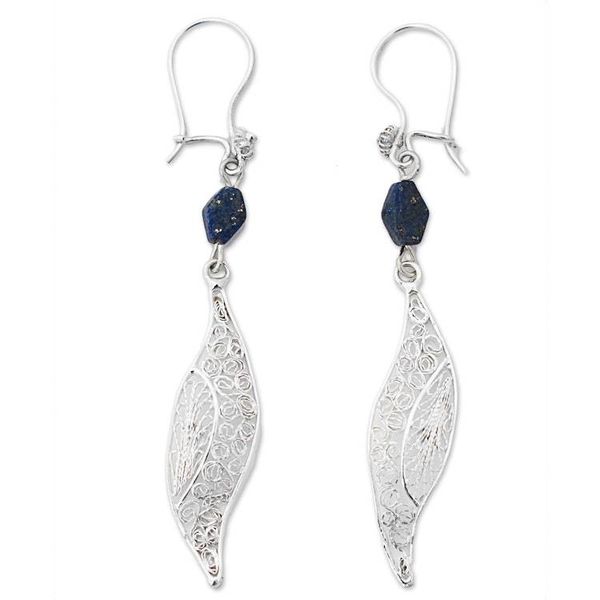Alternate image for Filigree Silver Lapis Lazuli Dangle Earrings from Mexico Aural Leaf in Blue