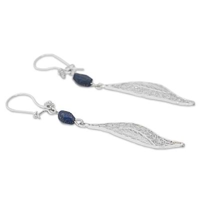 Alternate image for Filigree Silver Lapis Lazuli Dangle Earrings from Mexico Aural Leaf in Blue