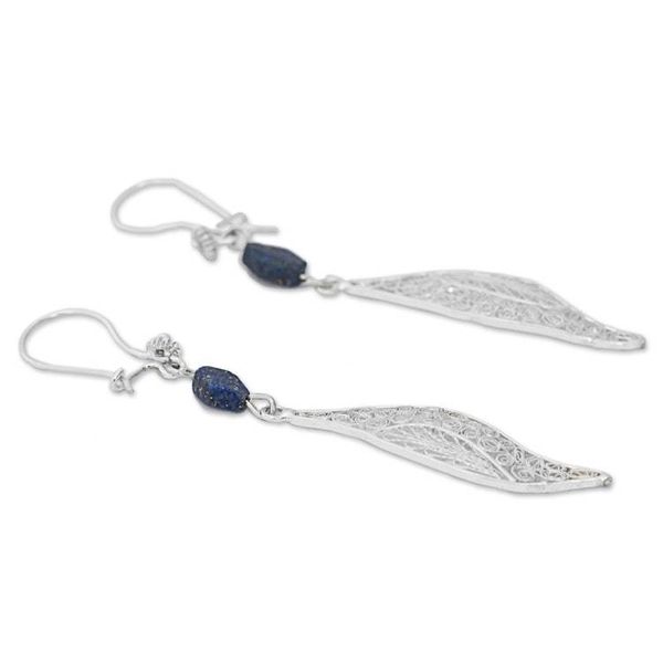 Alternate image for Filigree Silver Lapis Lazuli Dangle Earrings from Mexico Aural Leaf in Blue