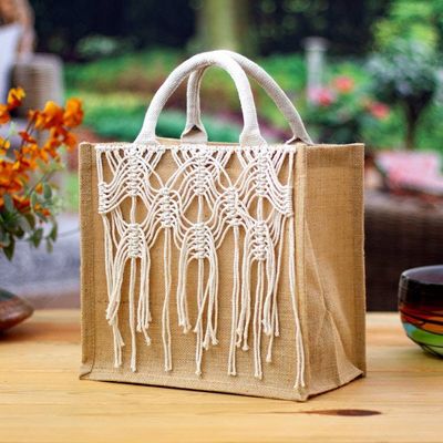 Alternate image for Jute Cotton Tote Shopping Bag with Web-Style Macrame Accents Web of Glam