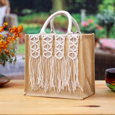 Alternate image for Diamond-Themed Jute and Cotton Macrame Tote Shopping Bag Diamond Dazzle
