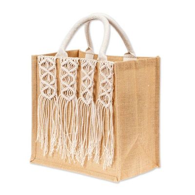 Alternate image for Diamond-Themed Jute and Cotton Macrame Tote Shopping Bag Diamond Dazzle