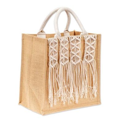 Alternate image for Diamond-Themed Jute and Cotton Macrame Tote Shopping Bag Diamond Dazzle