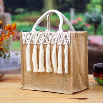 Primary image for Diamond-Themed Jute Cotton Macrame Tote Bag with Tassels Charming Dangles