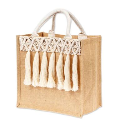 Alternate image for Diamond-Themed Jute Cotton Macrame Tote Bag with Tassels Charming Dangles