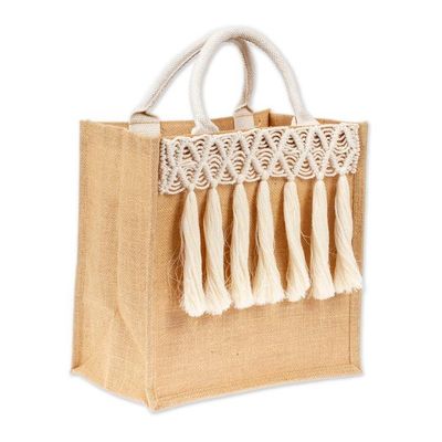 Alternate image for Diamond-Themed Jute Cotton Macrame Tote Bag with Tassels Charming Dangles