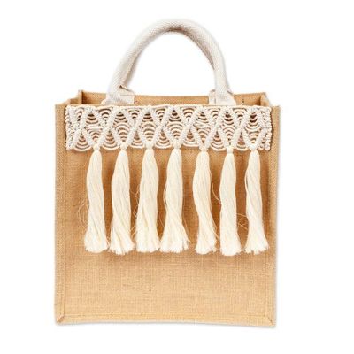 Alternate image for Diamond-Themed Jute Cotton Macrame Tote Bag with Tassels Charming Dangles