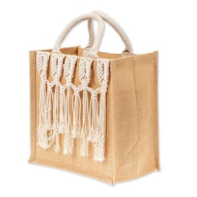 Alternate image for Jute Cotton Macrame Tote Bag with Interconnected Fringes Interconnected Flair