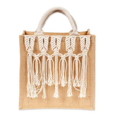 Alternate image for Jute Cotton Macrame Tote Bag with Interconnected Fringes Interconnected Flair