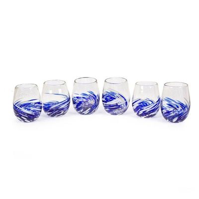 Alternate image for 6 Modern Handblown Recycled Glass Stemless Wine Glasses Modern Blue