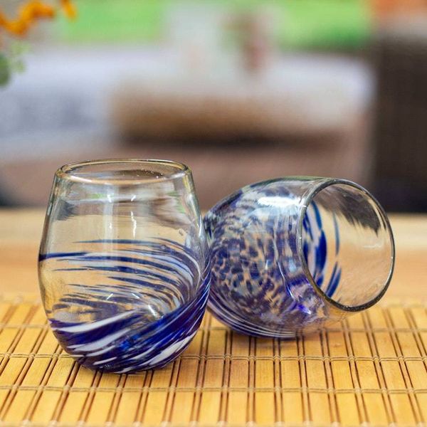 Alternate image for 6 Modern Handblown Recycled Glass Stemless Wine Glasses Modern Blue