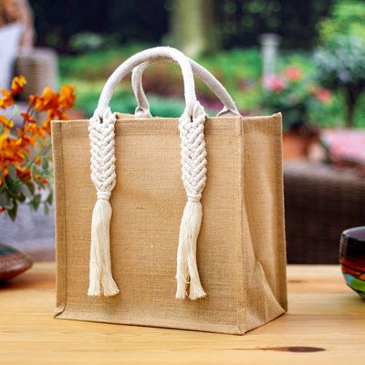 Primary image for Jute Cotton Macrame Tote Shopping Bag with Braided Tassels Beautiful Braids