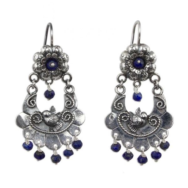 Alternate image for Authentic Mazahua Sterling Silver Earrings with Lapis Lazuli Mazahua Doves