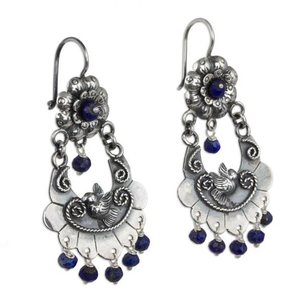 Alternate image for Authentic Mazahua Sterling Silver Earrings with Lapis Lazuli Mazahua Doves