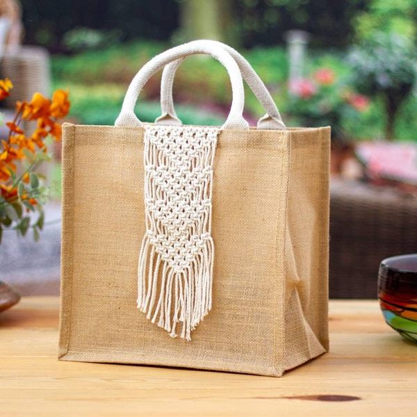 Alternate image for Jute Cotton Tote Shopping Bag with Intricate Macrame Accent Fabulous Fringe