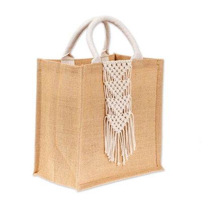 Alternate image for Jute Cotton Tote Shopping Bag with Intricate Macrame Accent Fabulous Fringe
