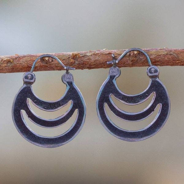 Alternate image for Crescent-Shaped Sterling Silver Hoop Earrings from Mexico Crescent Shadows