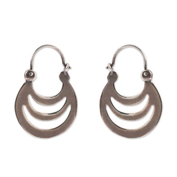 Alternate image for Crescent-Shaped Sterling Silver Hoop Earrings from Mexico Crescent Shadows