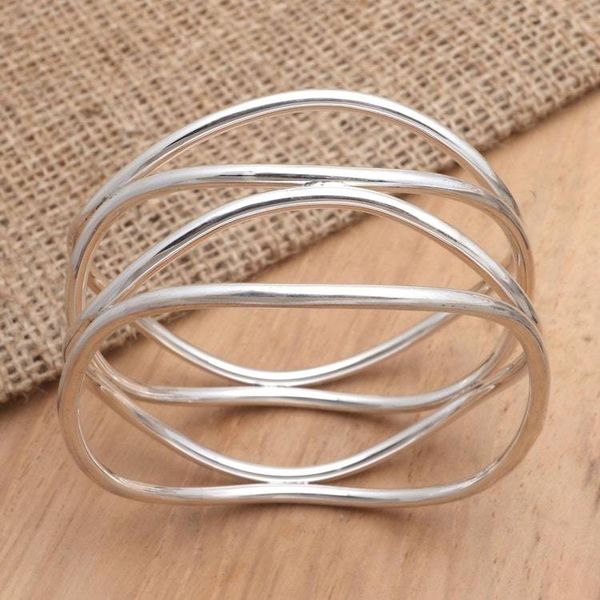 Alternate image for Handmade Sterling Silver Bangle Bracelet Silver Wavelength