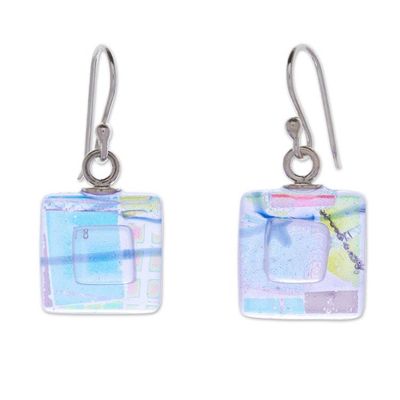 Alternate image for Colorful Square Dichroic Art Glass Dangle Earrings Dreamy Cube