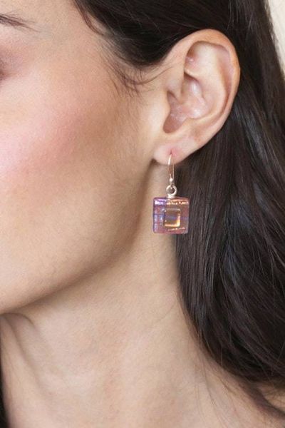 Alternate image for Colorful Square Dichroic Art Glass Dangle Earrings Dreamy Cube