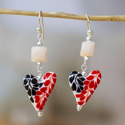 Alternate image for Talavera-Style Painted Leafy Heart-Shaped Ceramic Earrings Leafy Hearts