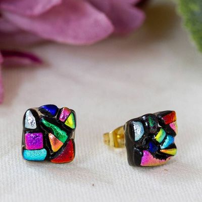 Alternate image for Colorful Gold-Accented Dichroic Glass Mosaic Stud Earrings Colorful Fusion