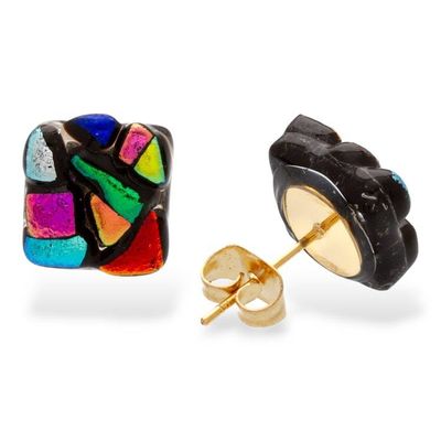 Alternate image for Colorful Gold-Accented Dichroic Glass Mosaic Stud Earrings Colorful Fusion
