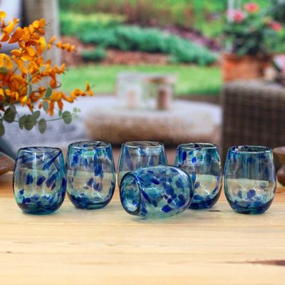 Alternate image for 6 Abstract Handblown Recycled Glass Stemless Wine Glasses All About Blue