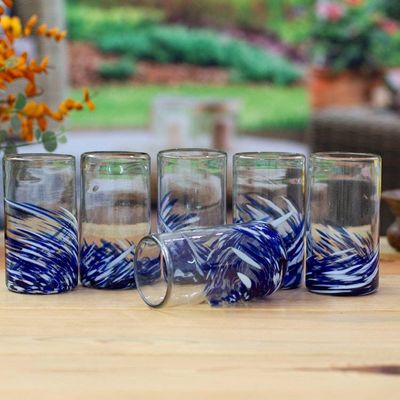 Alternate image for 6 Modern White Blue Eco-Friendly Handblown Highball Glasses Modern Blue